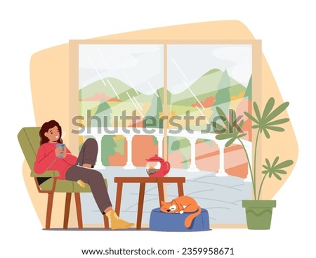 Woman Enjoys Sipping Tea, Creating A Cozy Autumn Ambiance Within Her Home, Indulging In Comforting Moments Of Relaxation. Relaxed Female Character and her Cat. Cartoon People Vector Illustration