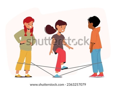 Kids Play Gummitwist By Using A Long Elastic Band Stretched Between Two Player Legs. Characters Jump And Perform Intricate Footwork, Creating Fun And Challenging Patterns. Cartoon Vector Illustration