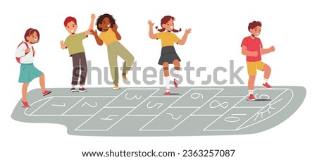 Children Characters Joyfully Hop, Skip And Jump, Playing Hopscotch On Grid Drawn With Chalk. Laughter Fills The Air As They Toss A Stone Aiming For Numbered Squares. Cartoon People Vector Illustration