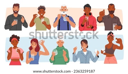 Characters Grasping Pills, Expressions Reflecting Hope Or Concern. Concept Of Health, Treatment, And Complex Relationship Humans Have With Pharmaceutical Solutions. Cartoon People Vector Illustration