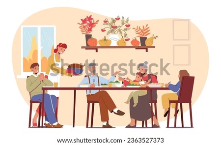 Close-knit Family Characters Gathers Around A Festively Table, Sharing Laughter, Gratitude, And A Delicious Thanksgiving Feast, Creating Cherished Memories Together. Cartoon People Vector Illustration