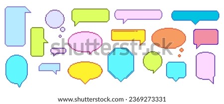 Vibrant Pixel Speech Bubble Set That Adds Retro Charm To Your Messages. Playful, 8 Bit Pixelated Speak Clouds or Citation Boxes In Various Colors, Shapes And Styles. Cartoon Vector Illustration