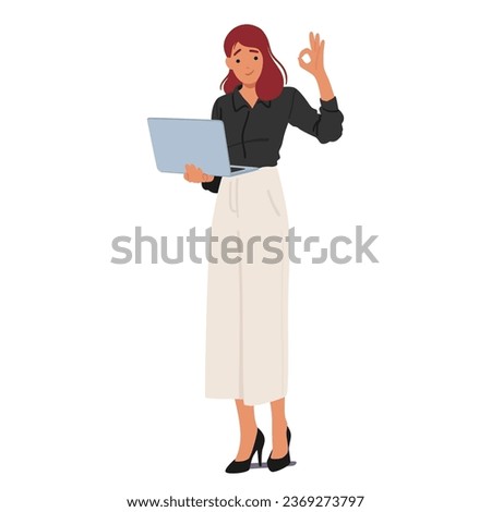 Confident Businesswoman Character Stands Tall, Laptop In Hand, Flashing An Approving Ok Gesture, a Symbol Of Success, Efficiency, And Professionalism. Cartoon People Vector Illustration
