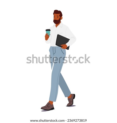 Business Man in Smart Office Wear Holding Briefcase and Drinking Coffee from Disposable Cup on the Go. Adult Black Businessman Character Takeaway Drink Refreshment. Cartoon People Vector Illustration