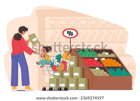 Mother Character And Her Daughter Seated In A Shopping Cart As They Navigate The Aisles Of A Bustling Supermarket, Making Grocery Shopping A Playful Family Outing. Cartoon People Vector Illustration