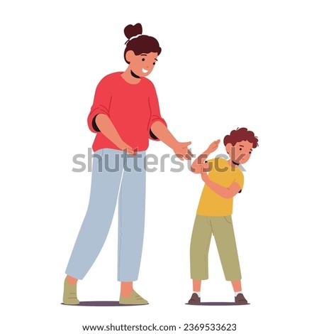Mother Character Trying Interact With Her Autistic Son In Vain. Child Exhibiting Signs Of Autism Avoid Close Contact. Kid Needs For Respect Her Sensory Sensitivities. Cartoon Vector Illustration
