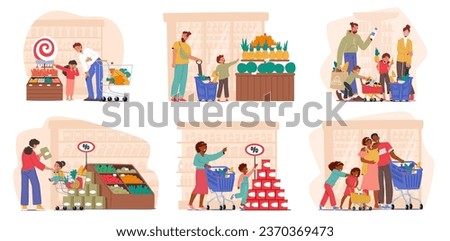 Family Characters Navigate Aisles In The Supermarket, Children Eager For Treats, Parents Juggling Lists, And Groceries As They Shop Together For Daily Essentials. Cartoon People Vector Illustration