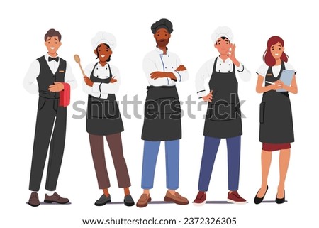 Restaurant Workers, Administrator, Chef and Waiter Stand In A Row, Ready To Serve. Hospitality Staff Characters Provide Excellent Dining Experiences For Customers. Cartoon People Vector Illustration