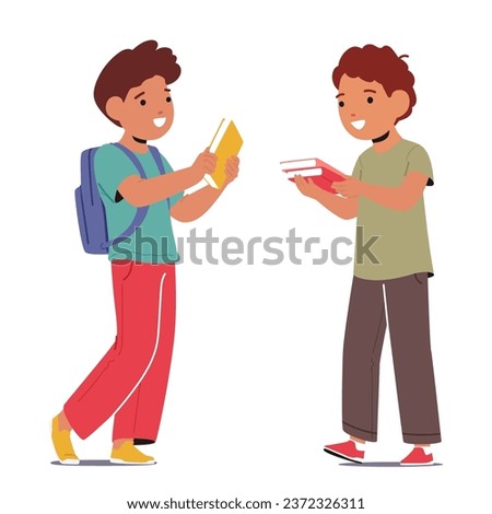 Young Boys Characters Exchanging Books. Kids Swap Stories, Ignite Imaginations, And Foster A Love For Reading. Bookcrossing Literary Adventure For All Ages. Cartoon People Vector Illustration