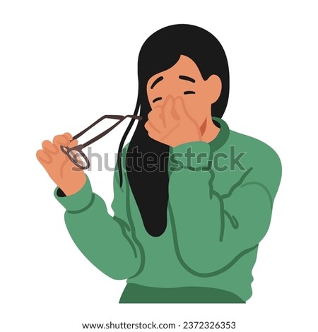 Woman Character Wearing Glasses, Her Face Slightly Strained, Rubs Her Tired Eyes With A Thoughtful Expression, Seeking Relief From A Long Day Work Or Strain. Cartoon People Vector Illustration