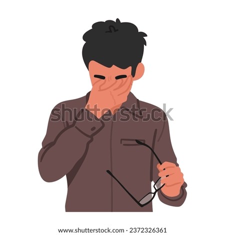Man Character In Business Attire Holds His Glasses, Rubbing His Tired Eyes With A Look Of Fatigue And Strain, Symbolizing The Pressures Of Work And Eye Strain. Cartoon People Vector Illustration
