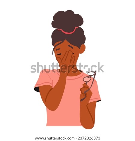 Young Girl With Glasses Rubs Her Tired Eyes, Showcasing The Universal Struggle Of Eye Strain And Fatigue. Female Character Feel Visual Discomfort Or Fatigue. Cartoon People Vector Illustration