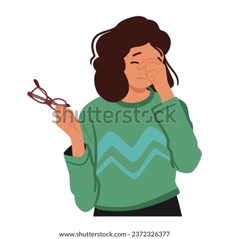 Woman In Casual Attire Holds Glasses In One Hand While Rubbing Her Tired Eyes With The Other, Portraying Fatigue Or Eye Strain. Female Character with Vision Problem. Cartoon People Vector Illustration