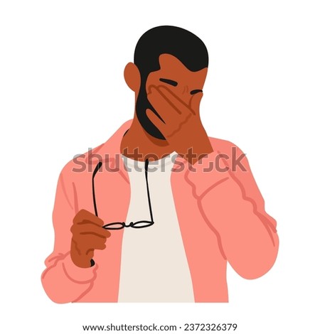 Black Man Holds Glasses In One Hand And Rubs His Tired Eyes With The Other, Expressing Fatigue And The Need For A Break. Male Character with Vision Problem. Cartoon People Vector Illustration