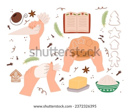 Set Cookies Cooking Process, Hands Holding Baker Bag with Dough, Cutting Shapes and Rolling, Butter, Recipe Book and Bowl with Flour, Gingerbread House and Spices. Cartoon Vector Illustration