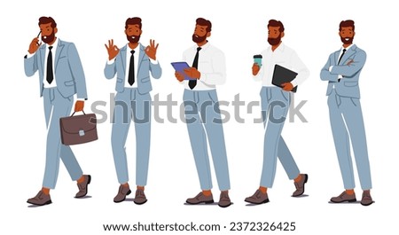 Business Man Standing In Different Poses. Male Character In Formal Suit Holding Briefcase, Coffee, and Tablet, Showing Ok Gesture, Speak By Smartphone And Fold Arms. Cartoon People Vector Illustration
