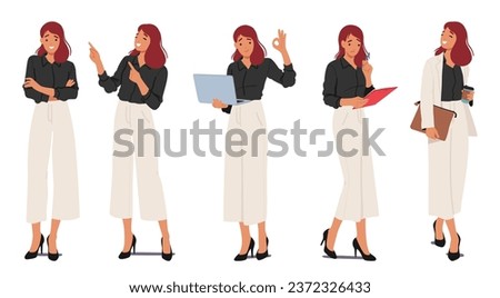 Business Woman Standing in Different Poses. Female Character in Smart Wear with Folded Arms, Pointing Gesture, Holding Coffee and Laptop with Ok Sign, Write on Clipboard. Cartoon Vector Illustration