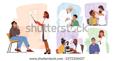 Set Ophthalmologist Doctor Check Eyesight for Eyeglasses Diopter. Oculist with Pointer Checkup Eye Sight. Professional Optician Exam Patient for Treatment Vision. Cartoon People Vector Illustration