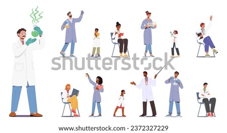 Set Of Scientist Kids and Adult Characters In Lab Coats, Engaged In Collaborative Research With State-of-the-art Equipment, Innovation In The Scientific Field. Cartoon People Vector Illustration