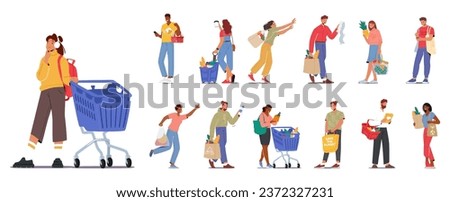 Set Diverse Group Of Male and Female Characters Happily Shopping For Groceries, Filling Their Carts With Fresh Produce In Modern Supermarket. Isolated People with Food. Cartoon Vector Illustration