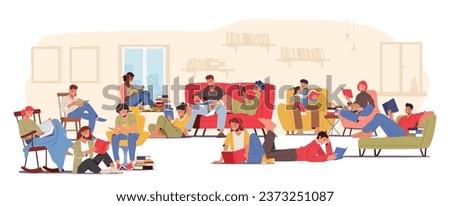 Character In The Serene Library, People Quietly Immerse Themselves In Books, A Symphony Of Rustling Pages And Focused Minds, Seeking Knowledge And Adventure Within The Bound Pages. Vector Illustration