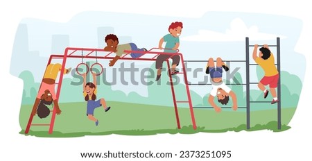 Kids Characters Gleefully Dangle From The Monkey Bars, Their Laughter Filling The Air As They Swing, Climb, And Conquer The Playground Adventure, One Bar At A Time. Cartoon People Vector Illustration