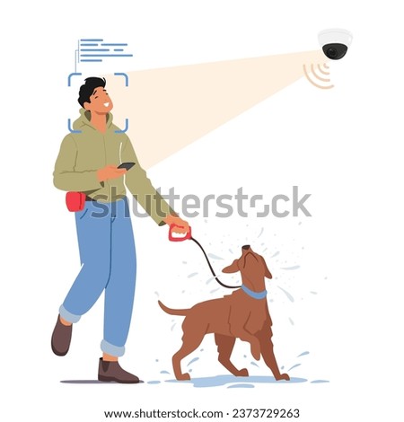 Under A Surveillance Cameras Face Recognition System, A Man Walking With A Dog. Character Monitored, Allowing For Enhanced Security And Identification Capabilities. Cartoon People Vector Illustration