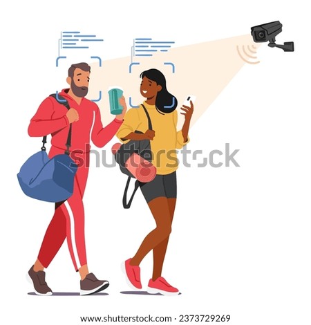 Characters In Gym with Surveillance Cameras With Face Recognition Systems Ensure Enhanced Security By Monitoring People And Identifying Them Based On Their Facial Features. Cartoon Vector Illustration