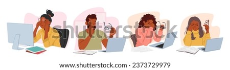 Characters Rub Their Tired Eyes, Seeking Relief From Exhaustion. Fatigue And Weariness Are Evident In Their Expressions, Highlighting Need For Rest And Relaxation. Cartoon People Vector Illustration