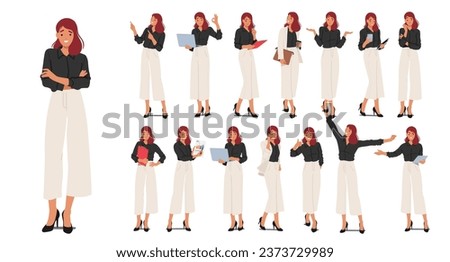 Businesswoman Character Poses Set Featuring Confident Stances, Woman Professional Gestures, And Dynamic Postures, Perfect For Showcasing Competence And Leadership. Cartoon People Vector Illustration