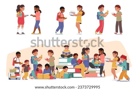 Kids Eagerly Swapping Books, Sharing Tales, Igniting Imaginations. A Delightful Exchange Of Adventures And Stories Among Young Minds, Fostering A Love For Reading. Cartoon People Vector Illustration