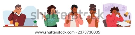 Diverse Group Of Male and Female Characters With Tired Expressions Rubbing Their Eyes, Symbolizing Fatigue, Sleepiness, Or The Need For Rest. People with Vision Problems. Cartoon Vector Illustration