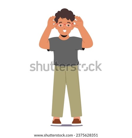 Young Boy Eagerly Dons His New Glasses, Eyes Wide With Wonder. As The World Comes Into Sharp Focus, His Face Lights Up With A Newfound Clarity And Excitement. Cartoon People Vector Illustration