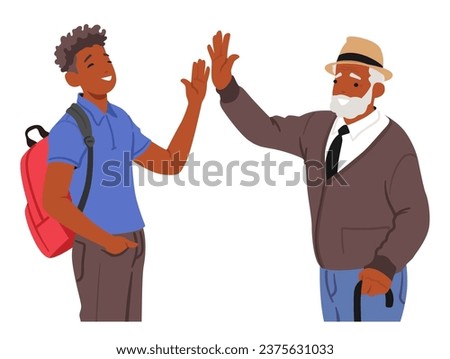 Young And Senior Men Share A Triumphant High-five, Uniting Generations Through A Gesture Of Camaraderie And Mutual Respect. Characters Friendship And Achievement. Cartoon People Vector Illustration