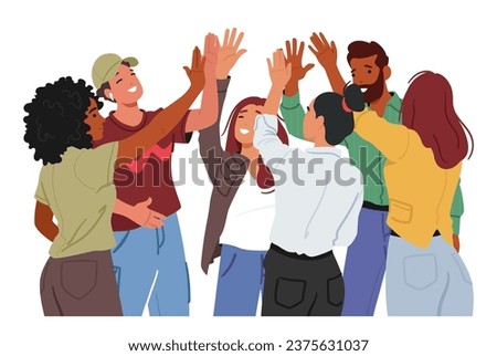 Energetic Young Characters Give High Fives, Hands Meet In A Celebratory Clap, Creating A Burst Of Positive Vibes, Smiles, Shared Triumph And Camaraderie Moment. Cartoon People Vector Illustration