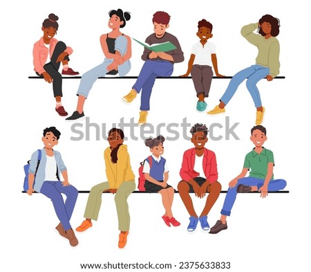 Happy Kids Characters Sitting On A Perch, Immersed In Joyful Conversation or Reading, Their Smiles Radiate Pure Happiness, Carefree Childhood, Innocence, Friendship. Cartoon People Vector Illustration