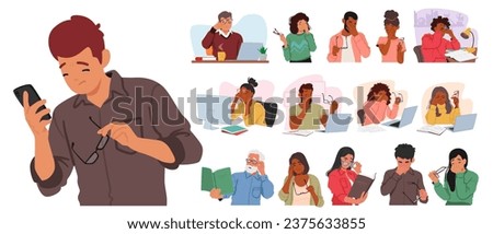 Set of Male and Female Characters With Vision Problems Experience Blurred Vision, Difficulty Focusing, Or Reduced Eyesight. Young and Old People with Tired or Sick Eyes. Cartoon Vector Illustration