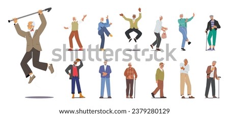 Set of Diverse Senior Men. Old Male Characters Jumping, Stand with Walking Cane, Exercising, Posing in Fashioned Clothes, Isolated Grandfather Thinking and Dancing. Cartoon People Vector Illustration