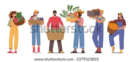 Farmer Characters Proudly Holding Baskets And Crates Brimming With The Bounty Of Their Harvest. A Vibrant Scene Of Hard Work, Dedication, And Agricultural Labor. Cartoon People Vector Illustration