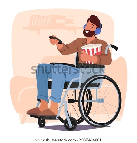 Man In A Wheelchair Enjoys A Movie Night With Popcorn, His Eyes Fixed On The Screen, Savoring Each Moment Of Cinematic Delight. Disabled Male Character Leisure. Cartoon People Vector Illustration