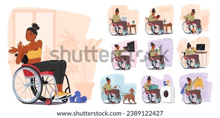 Disabled Woman In Wheelchair Tackles Household Chores. Female Character Shopping, Walking With Dog, Reading, Washing Clothes, Vacuuming, Working on Pc and Cooking. Cartoon People Vector Illustration