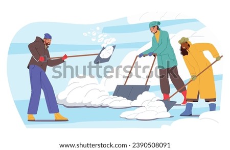 Male and Female Characters In A Winter Wonderland, Diligently Shovel And Sweep Away The Glistening Snow, Creating A Path Of Frosty Purity Amidst The Cold. Cartoon People Vector Illustration