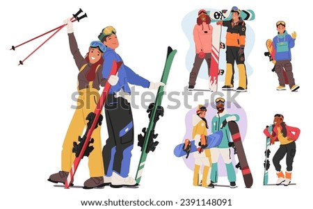 Skiers And Snowboarder Characters Strike Dynamic Poses. Adult and Young People Capturing The Thrill Of Winter Sports With Their Colorful Attire And Adventurous Spirit. Cartoon Vector Illustration