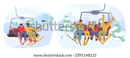 Skier Characters Ascend On A Towering Ski Lift, Bundled In Colorful Gear, In The Serene Winter Landscape, While Snow-covered Trees Surround Them. Cartoon People Vector Illustration