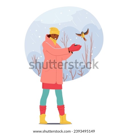 Kind Woman Offering Seeds From Her Outstretched Hand in Winter Chill. Feathers Flutter As Grateful Birds Gather, Forming A Serene Tableau Amid The Snow-kissed Landscape. Cartoon Vector Illustration