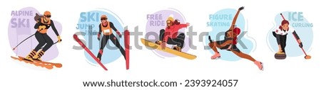 Characters in Winter Sports Activities. Alpine Skiing, Ski Jump, Snowboarding Free Ride, Figure Skating, Ice Curling. Participants Showcasing Skill, Speed, Agility. Cartoon People Vector Illustration