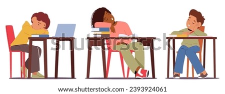 Exhausted Students Sprawl Across Desks, Their Weary Faces Pressed Into Open Textbooks. Pencils And Notebooks Surround Them In Silent Classroom, Strains Of Academic Fatigue. Cartoon Vector Illustration