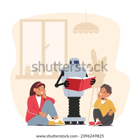 Friendly Robot Nurse Sits Among Of Captivated Children, Reading A Colorful Storybook Aloud With Animated Expressions, Fostering A Love For Learning And Technology. Cartoon People Vector Illustration