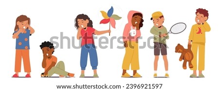 Exhausted Sleepy Children Characters with Drooping Eyelids, Yawn In Unison, Their Energy Spent. Slumber Beckons, Turning Playfulness Into Peaceful Dreams, And Rest. Cartoon People Vector Illustration