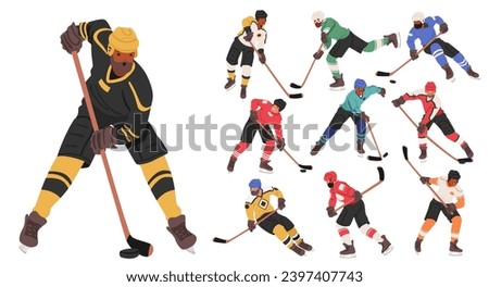 Hockey Players In Action. Agile Skaters Clad In Vibrant Jerseys Fiercely Chase The Puck, Sticks Clashing With Excitement. The Ice Rink Echoes With The Exhilarating Energy. Cartoon Vector Illustration